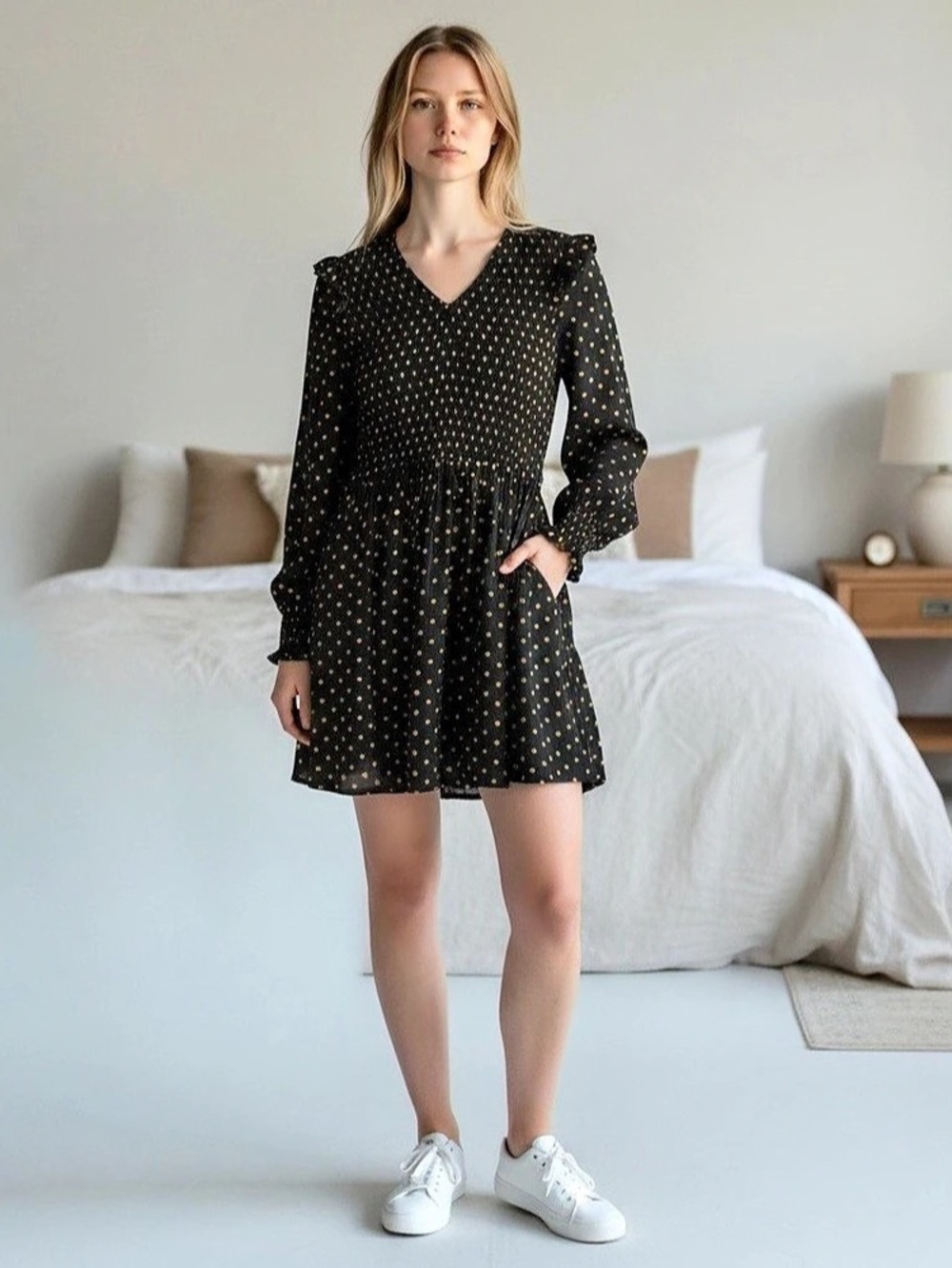 Beach Lunch Lounge Polka Dot Mini Dress in Black & Yellow Size Small NWT